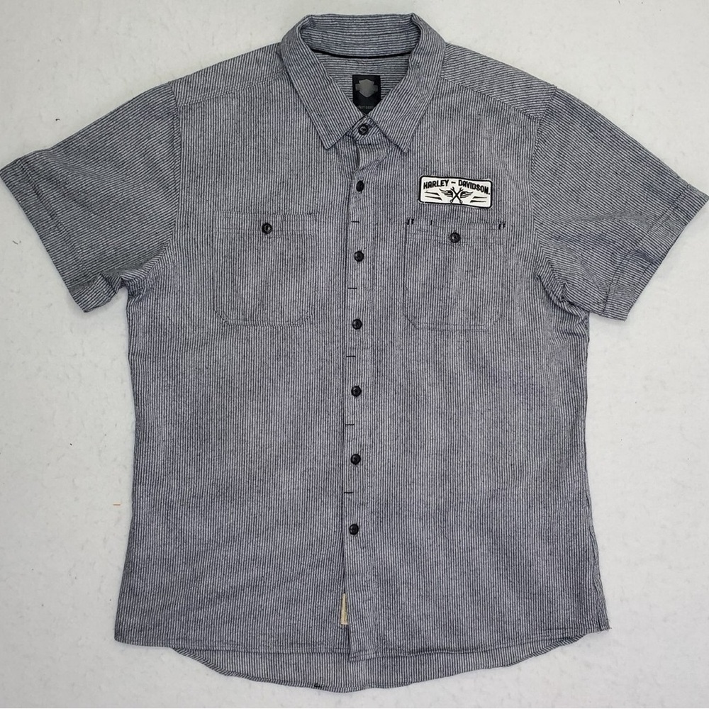 Harley Davidson Button Down Patch Shirt L Mens EUC Short Sleeve Striped Biker